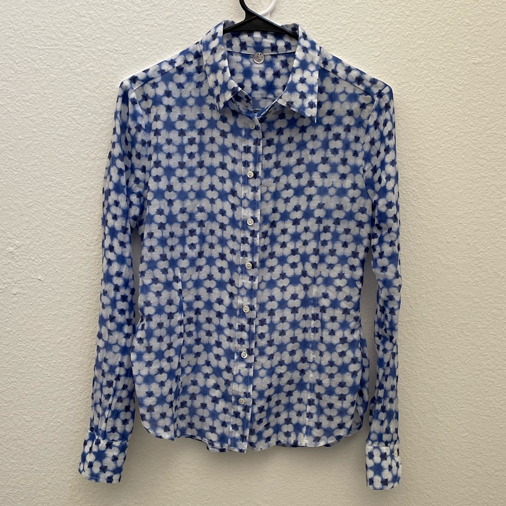 Margaret O'Leary Blue and White Patterned Blouse
